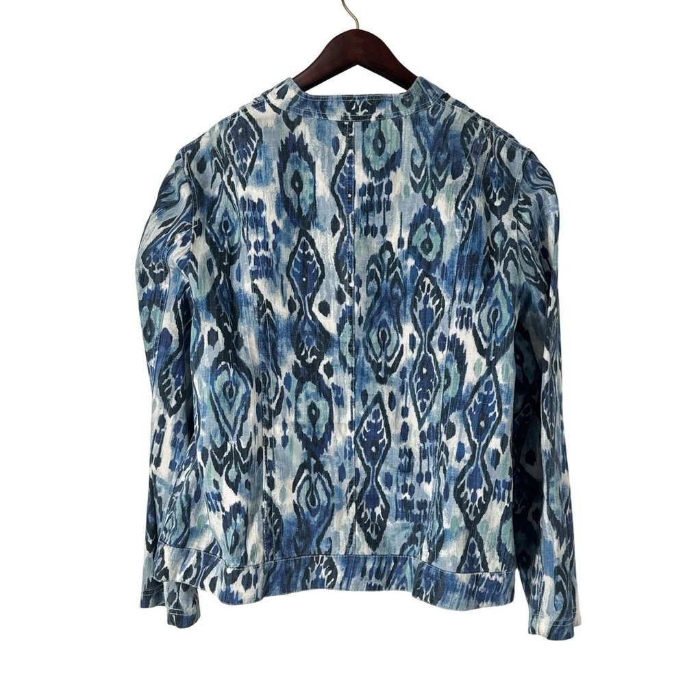 Chico's L Blue Ikat Print Zip Front Linen Cotton Blend Jacket Women's Size 2 - Picture 2 of 7